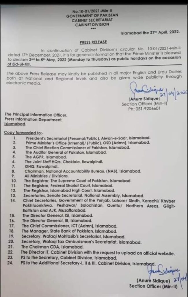  Official Notification Eid ul Fitr Holidays 2022 in Pakistan