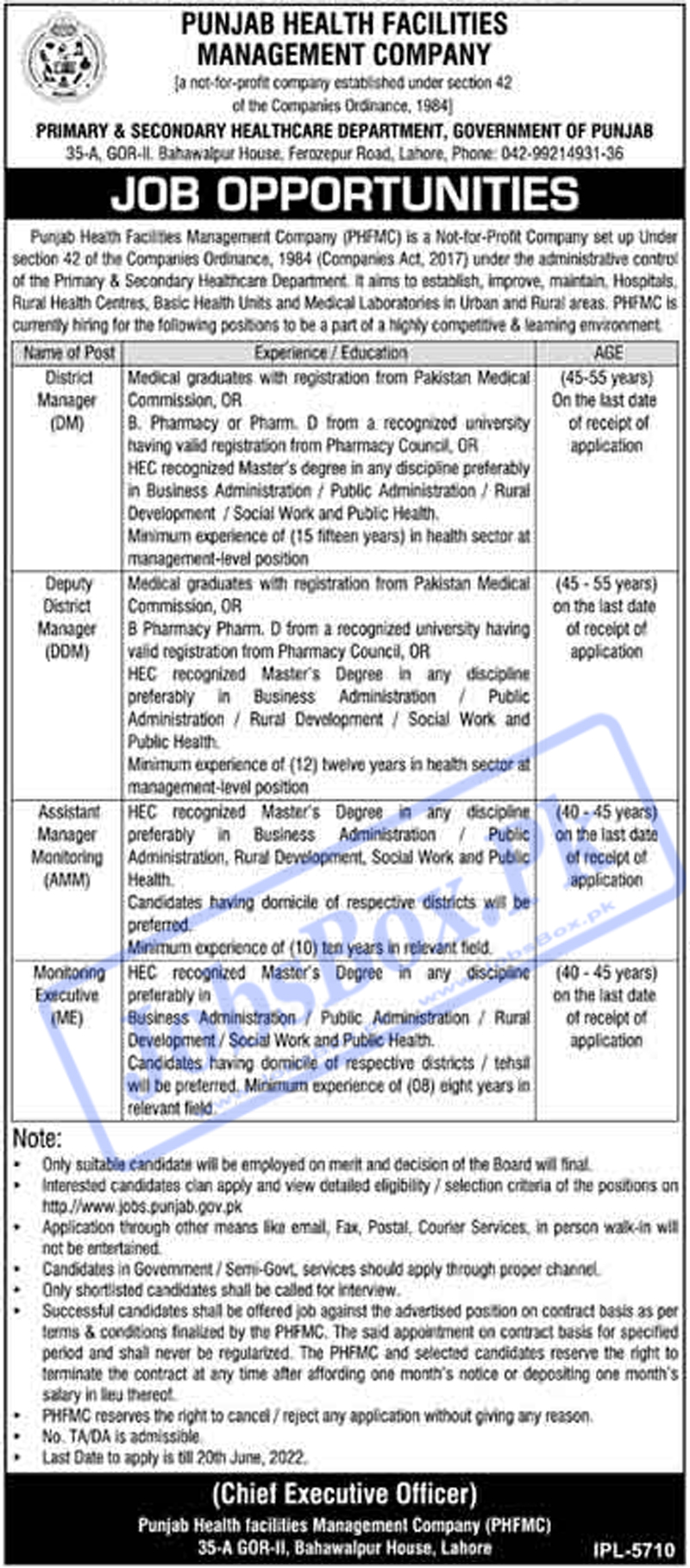 Punjab Health Facilities Management Company PHFMC Jobs 2022