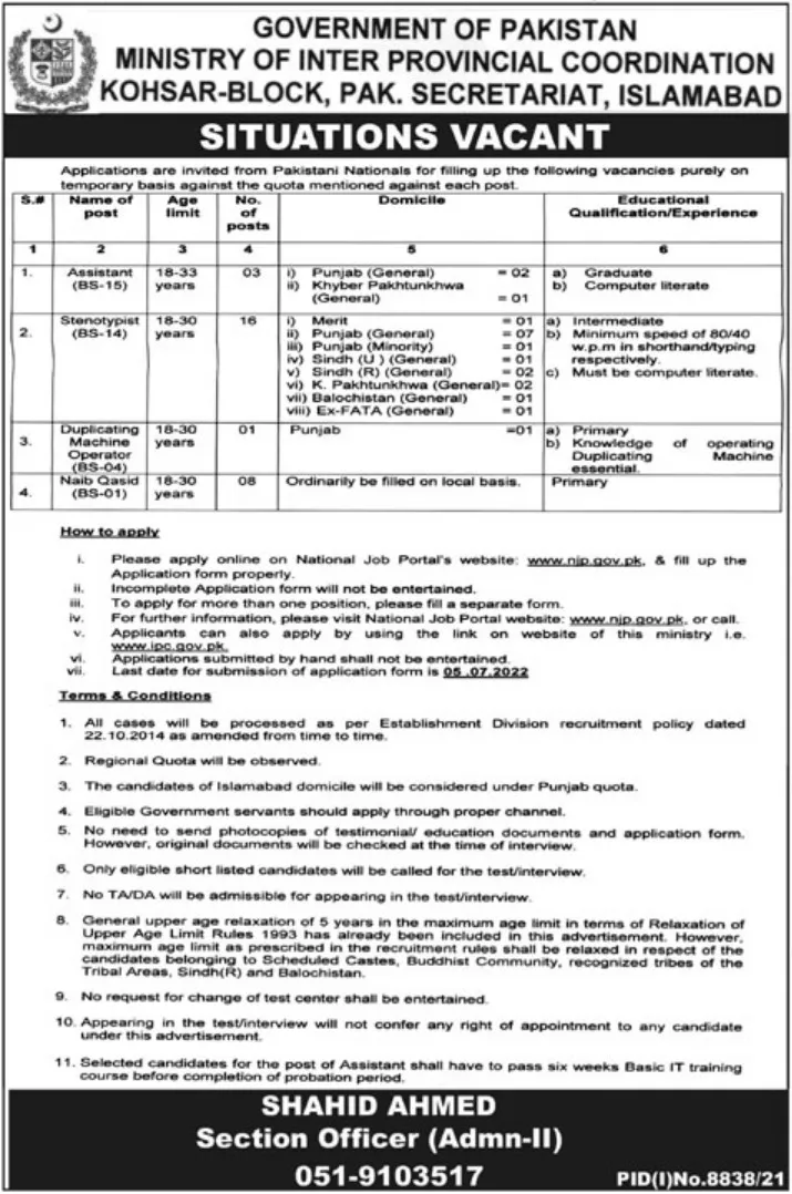 Ministry of Inter Provincial Coordination Jobs 2022