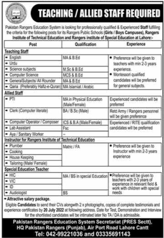 Pakistan Rangers Education System Jobs 2022