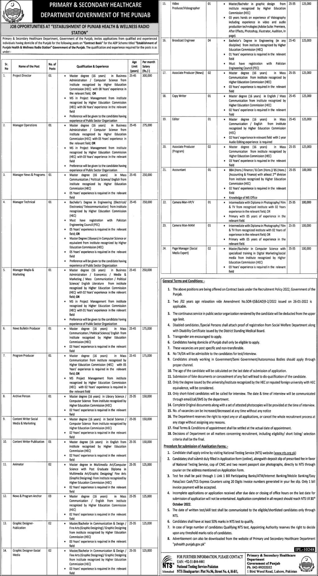Punjab Primary And Secondary Healthcare Department NTS New Jobs 2022
