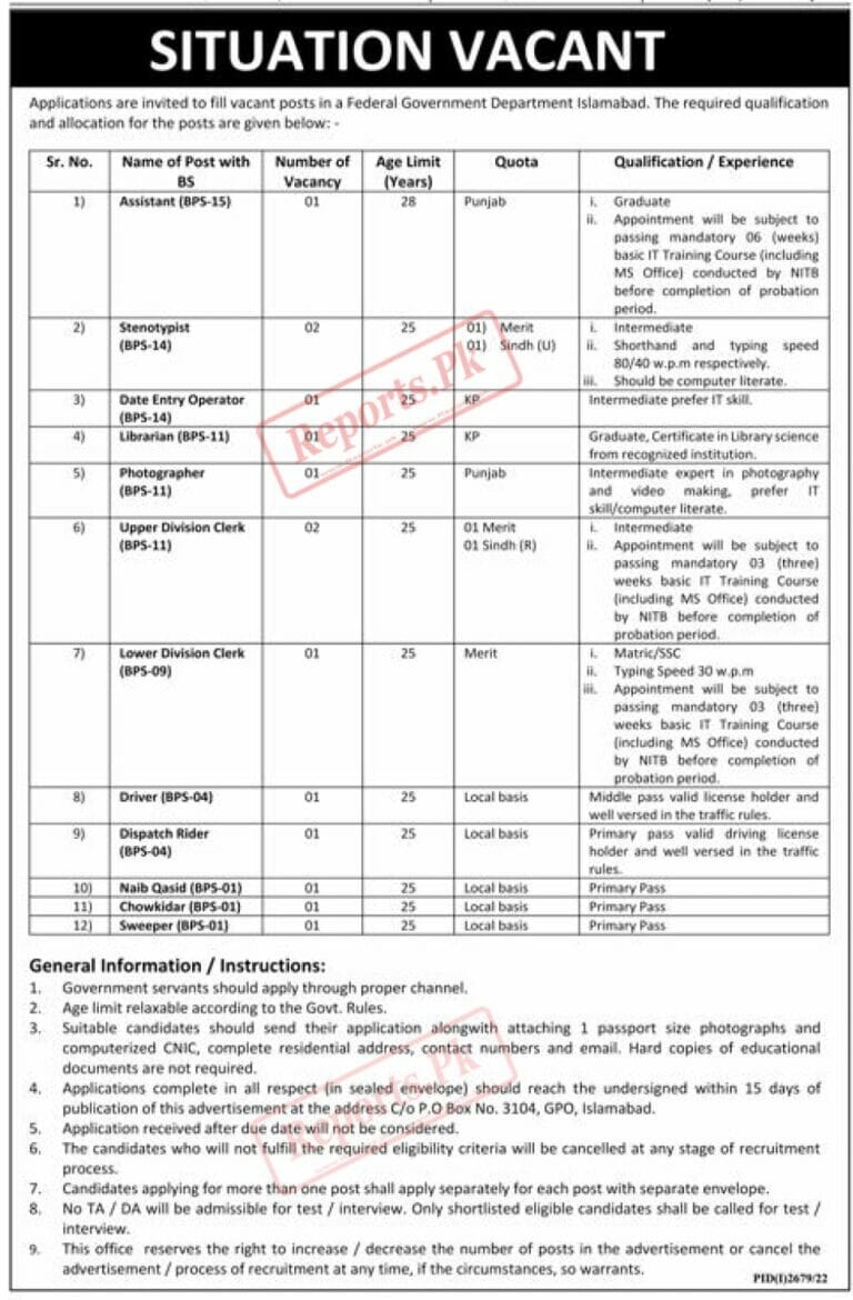 Federal Government Department Islamabad Jobs 2022